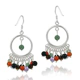 Sterling Silver Chandelier Hoop Earrings with genuine Tiger cats-eye, Carnelian, Amethyst, Aventurine, Rose Quartz, Smokey Quartz stone beads