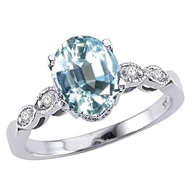 1.76 cts Genuine 9x7 Aquamarine and Diamond Ring - 14kt White or Yellow Gold by Finejewelers