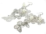 LONG 3.5 Silver Butterfly Pearl Dangle Earrings Fashion Jewelry