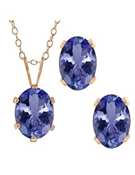 2.66 Ct Oval Blue Tanzanite Gold Plated Silver Pendant Earrings Set