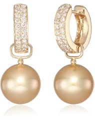 Baggins Yellow Gold Diamond with Golden South Sea Pearl Dangle Hoop Earrings