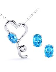 2.45 Ct Blue Topaz Heart Shape Pendant Earrings 925 Sterling Silver Set 18"