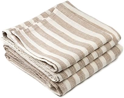 BLESS LINEN Striped 100% Linen 3-Piece Towel Set, Brown/White