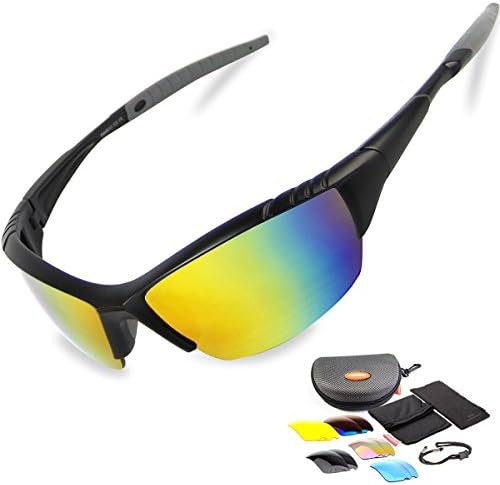 Ponosoon Sports Sunglasses Polarized with 5 Set Interchangeable Lenses for Cycling 0813 (Black)