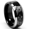8MM Black & White Tungsten Ring with Laser Etched Dragon Design Sizes 7 to 12