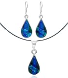 Sterling Silver Dichroic Glass Bezel-Set Blue and Green Teardrop Pendant and Earrings Set, 18