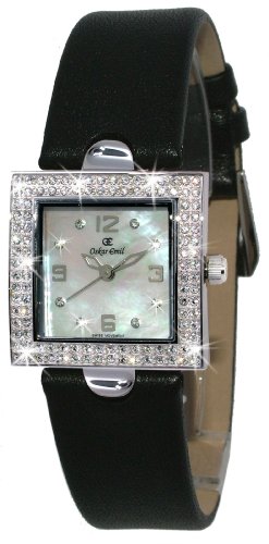 Oskar Emil St Raphael's Ladies Black Leather Watch with Swarovski Crystal Set Bezel and Mother of Pearl Dial