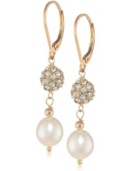 White Rice Freshwater Cultured Pearl and Pave Gold over Silver Drop Earrings