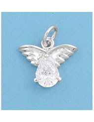 Sterling Silver Clear CZ Angel Wings Cute Pendant Gift Charm Pure 925 New 11mm with 1mm Ball Bead Chain