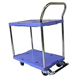 手押し台車：ナンシン：樹脂運搬車サイレントマスター：2段式・片袖・ブレーキ付：上下715×460：150kg：ブルー：DSK-102B-W