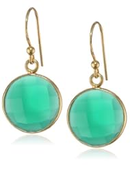Faceted Green Onyx Round Shape Bezel with Gold over Silver Ear Wire Drop Earrings