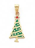 Green/Red Enameled Christmas Tree Charm, 14K Yellow Gold