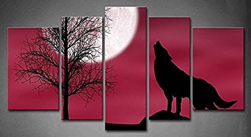 Flora Woods Painting 5 Panels Red Howling Wolf In A Dark And Cloudy Night With Moon Red Background Red Painting Print On Canvas Animal Picture Modern Painting