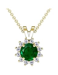 14K Yellow Gold Round Cut Emerald And Round Diamond Pendant