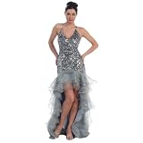 Silver Solid Sequin Top Formal Gown With Ruffle Bottom