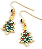 Super Cute 1 Crystal Embellished Dangling Christmas Tree Charm Earrings Accented with Clear and Red Crystals- Gold Plated