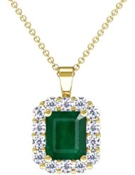 18K Yellow Gold Emerald Cut Emerald And Round Diamond Pendant