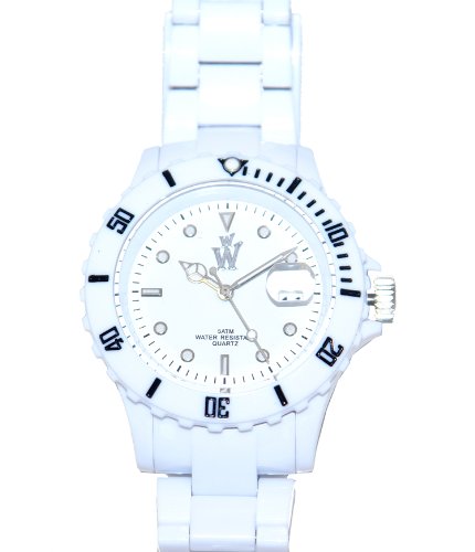 White Plastic celebrity Watch With white Dial inc Day Date . High quality guarantee.Analogue watch with plastic strap and stainless steel clasp. Ideal as a toy gift or fashionable watch.....Gift Wrap Included