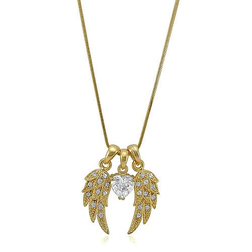 Gold Tone Angel Wings w/ Heart Cluster Pendant Necklace – Ideal Gift For Mother Day, Anniversary, Engagement, Wedding, Birthday, For Her