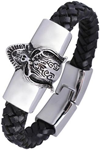 Ailmab Men Stainless Steel Bracelet Leather Bangle Retro Skull Black Silvery 21CM&1.3CM
