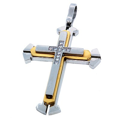 Stainless Steel Gold Plated Three Layer CZ Diamond Cross Pendant