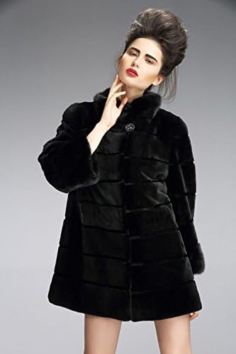 Qiudu Women's Mink Fur Collar With Sheared Angora Rabbit Fur Coat Black 2XL
