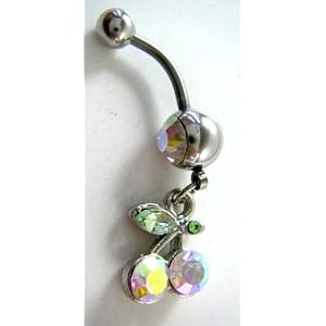 Opal Crystal CZ Dangle Belly Button Navel Ring Bar Silver - Cherries Cherry - Opal White Diamantee...