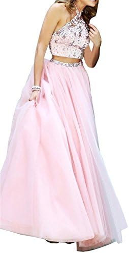 Magydre Women's Halter Rhinestones Two Pieces Backless Long Tulle Prom Dress Pink US06