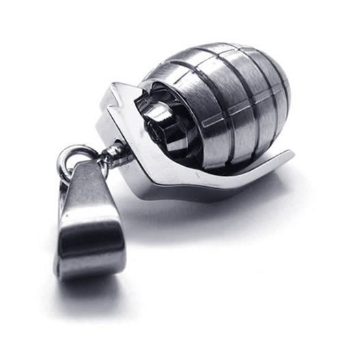KONOV Stainless Steel Grenade Pendant Mens Necklace (Silver) 24 inch Chain