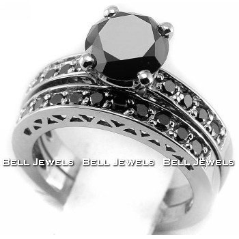 3.70ct Matching Fancy Black Diamond Engagement/Wedding Ring Band Set 14k Wite Gold