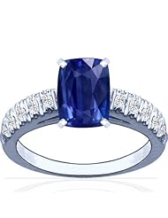 14K White Gold Cushion Cut Blue Sapphire Ring With Sidestones
