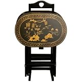 5 Piece TV Tray Set in Antique Gold and Black Lacquer