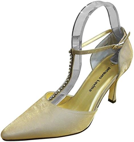 Jacques Levine Women's Tripoli Gold T-Strap Satin Shoes 8