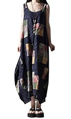 Cotton/Linen Sleeveless Checkered Print Maxi Dress 