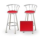 2 Red Vinyl Specialty / Custom Chrome Barstools with Backrest Set