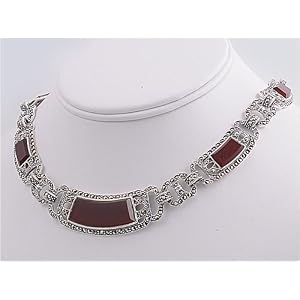 Sterling Silver Marcasite Necklace with Carnelian - Length: 18, Weight: 57.5g