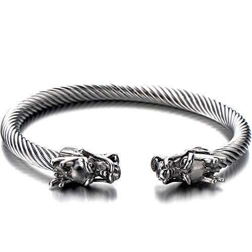 Elastic Adjustable Mens Dragon Bracelet Steel Twisted Cable Bangle Cuff Bracelet Silver Color Polished