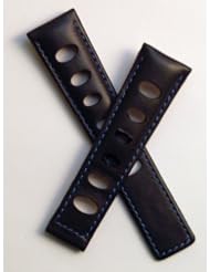 WSW Black Rally-style leather watchband with blue stitching to fit TAG Heuer Monaco, Silverstone & Targa Florio models listed below