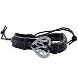 Black Leather Hemp Metal Love Heart Shaped Handmade Leather Bracelet, #32