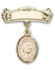 Gold Filled Baby Badge with Blessed Teresa of Calcutta Charm and Arched Polished Badge Pin