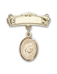 14K Gold Baby Badge with Blessed Teresa of Calcutta Charm and Arched Polished Badge Pin