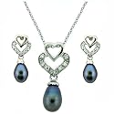 Silver Pearl Necklace Dangle Earring CZ Diamond Heart Design Jewelry Set in Gift Box Bucasi SALE
