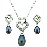 Silver Pearl Necklace Dangle Earring CZ Diamond Heart Design Jewelry Set in Gift Box Bucasi SALE