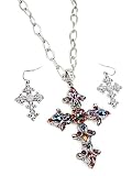 Amythest Colorful Rhinestone Cross Pendant Necklace and Earrings Set Fashion Jewelry