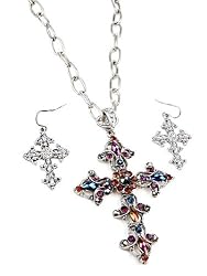 Amythest Colorful Rhinestone Cross Pendant Necklace and Earrings Set Fashion Jewelry