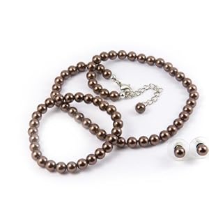 Light Brown 6mm Glass Pearl Necklace, Bracelet and Earri