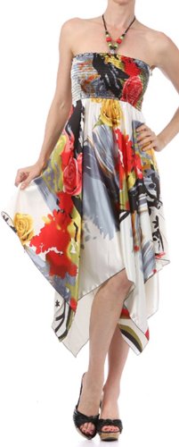 Now is the time Rose Design Satin Feel Beaded Halter Smocked Bodice Handkerchief Hem Dress