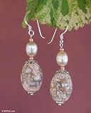Pearl and DZI Tibet earrings, 'Chocolate Chip' 0.5