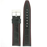 Watch Band Genuine Calfskin Alligator Grain Black with Red Stitching Thick Padded 24mm