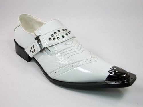 Mens White Designer Pointed Toe Metal Tip Dagger Strap Dress Casual Shoes